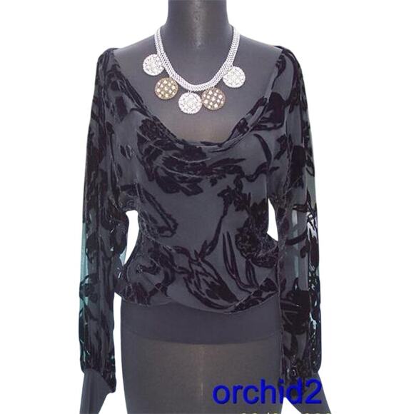 Cache Black Velvet Burn Out Drape Neck Top Banded Bottom Sleeve Ends NWT $138 - Picture 1 of 4